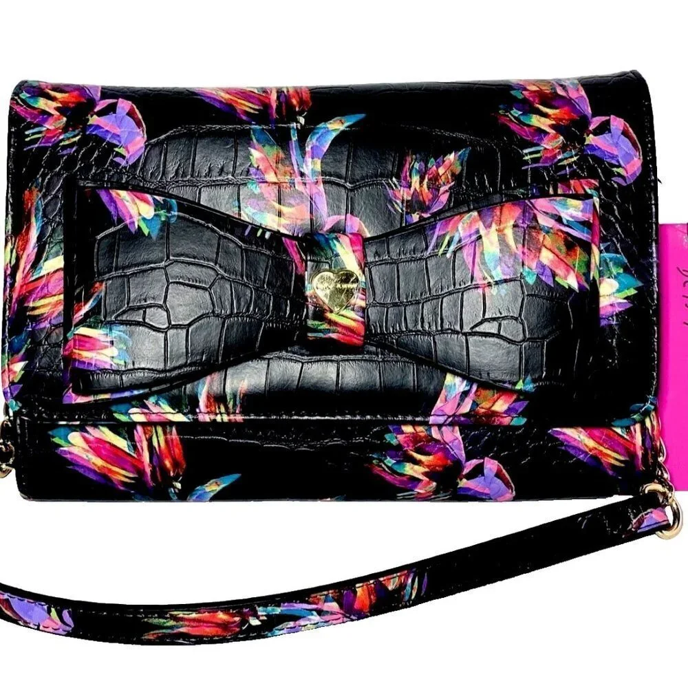 Betsey Johnson Crossbody Shoulderbag Clutch Wallet Bow Front Black Floral - Picture 2 of 10